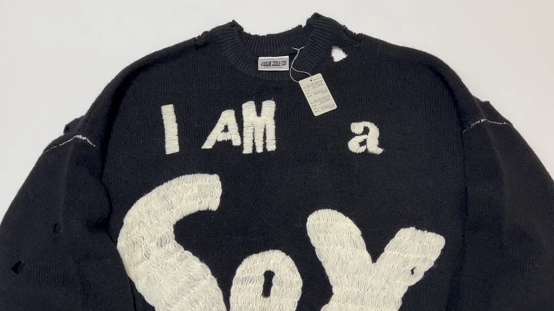 SAINT Mxxxxxx × Sex Pistols SP_CREW KNT/IAMA/BLK SEX PISTOLS band joint model destroyed hand-embroidered sweater, black S-XL, original 85% wool/15% polyester fiber blend, super complex front and rear panels, large-area hand-embroidery, hand-cut destruction treatment, custom-made correct joint main mark/wash mark